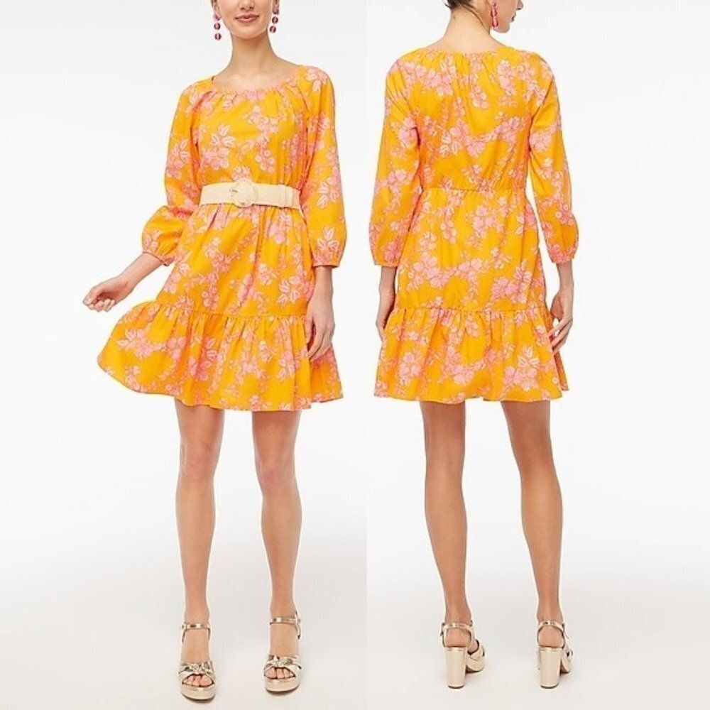 J Crew Women's  Mini Dress Orange Floral Print Cotton Spring Babydoll Size14